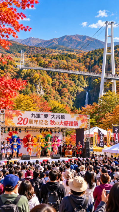 大分県九重町の九重“夢”大吊橋中村側展望広場で開業20周年を祝うバルーンリリースや華やかなステージが行われ、紅葉に彩られた高さ173mの吊橋を背景に多くの来場者が楽しむ秋の大感謝祭2026の会場風景