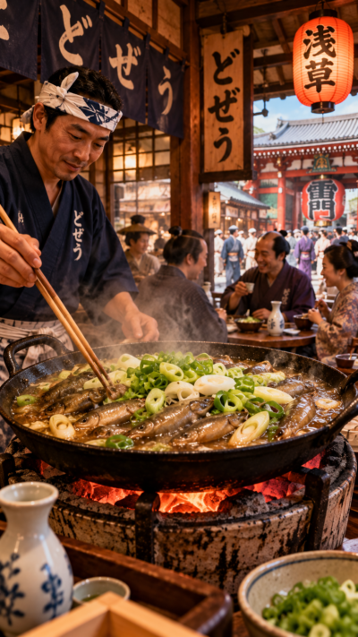 江戸時代の浅草の料理屋で炭火にかけた浅い鉄鍋に丸ごとのドジョウと刻んだ長ネギを入れて煮込むどじょう鍋