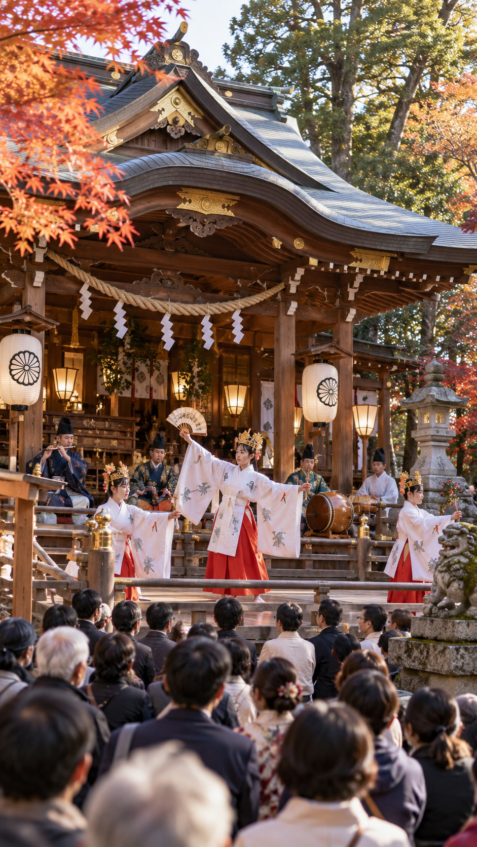 千葉県船橋市の船橋大神宮で伝統衣装をまとった舞手が笛や太鼓に合わせて神楽を奉納し、歴史ある境内に多くの参拝者が集まる船橋大神宮例大祭2026の風景
