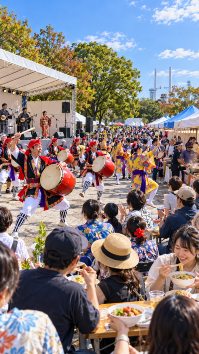 神奈川県横浜市鶴見区の入船公園で色鮮やかな沖縄の伝統衣装をまとったエイサー団体が大太鼓を打ち鳴らし、三線の演奏や沖縄料理の屋台を楽しむ来場者でにぎわう第11回鶴見ウチナー祭2026の会場風景