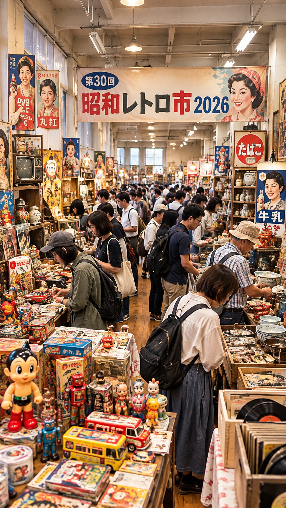 浅草橋の会場に昭和レトロな雑貨や古道具、おもちゃなどが並び多くの来場者で賑わう昭和レトロ市2026の風景