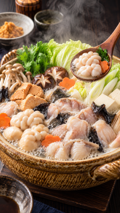 茨城県に伝わる郷土料理、あんこうの身や皮、肝などを白菜やねぎ、豆腐などと煮込んだあんこう鍋