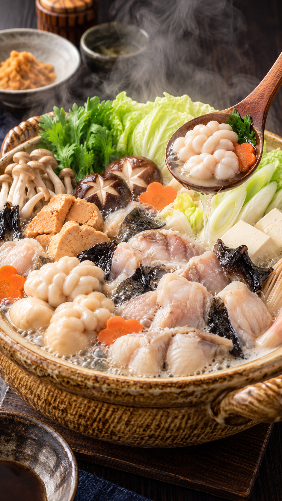 茨城県に伝わる郷土料理、あんこうの身や皮、肝などを白菜やねぎ、豆腐などと煮込んだあんこう鍋