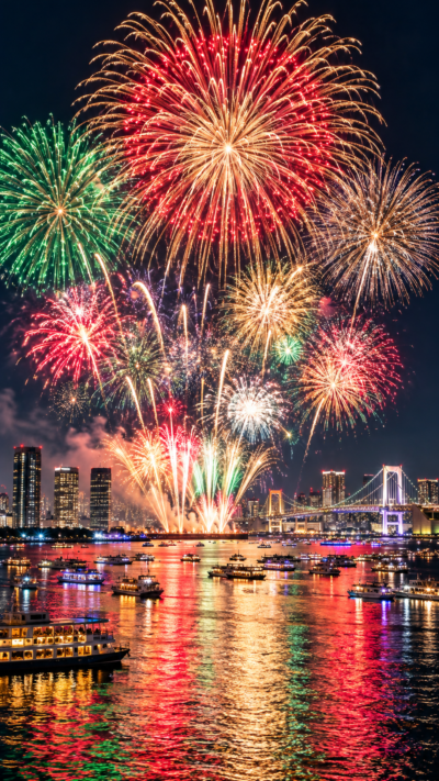 2026年の東京湾大華火祭で晴海埠頭沖の夜空に巨大な尺五寸玉や色鮮やかなスターマインが打ち上がり、東京湾の水面と高層ビル群が美しく照らされる風景