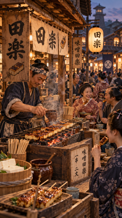 江戸時代の田楽屋台で店主が炭火で豆腐田楽を焼き、着物姿の町人たちが味噌田楽を楽しむ風景
