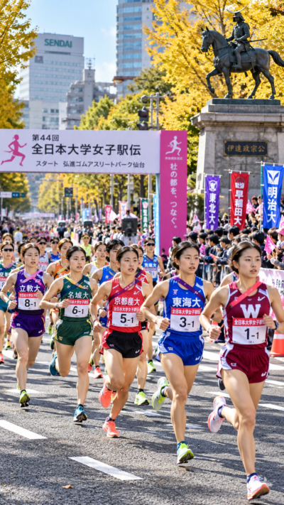 宮城県仙台市の弘進ゴムアスリートパーク仙台をスタートし、色鮮やかな大学のユニフォームを着た女子駅伝選手たちが杜の都の市街地を駆け抜ける第44回全日本大学女子駅伝2026の風景