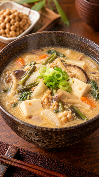 山形県や秋田県の郷土料理である納豆汁を具だくさんに仕上げ、和食器に盛り付けた料理