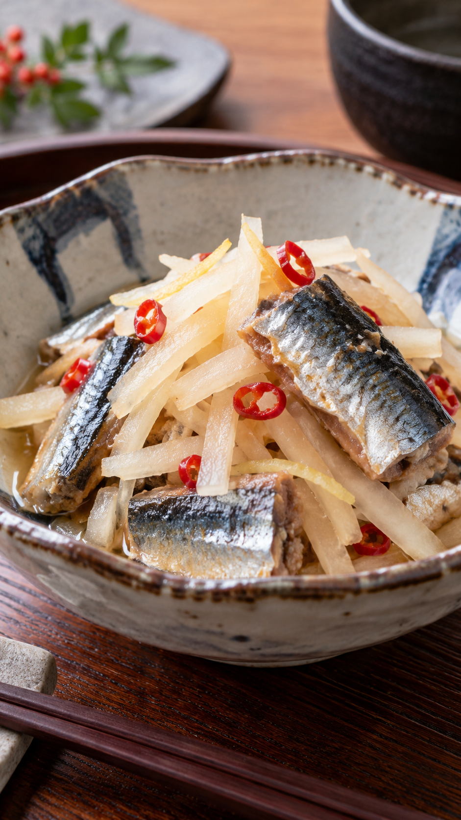 茨城県の郷土料理ごさい漬けをサンマと大根、唐辛子で仕上げ、和食器に盛り付けた料理