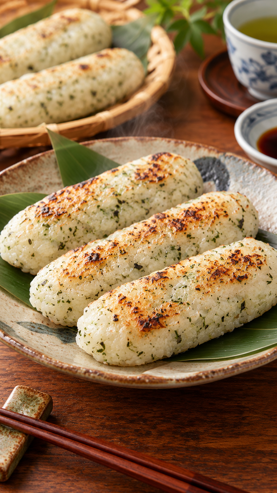 茨城県の郷土料理たがねもちをこんがり焼き、青のりや米粒の食感がわかるように和食器に盛り付けた料理