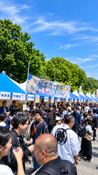 御徒町駅前のおかちまちパンダ広場に日本酒のブースが並び多くの来場者が全国の銘柄を飲み比べる酒まつりジャパン2026秋の風景