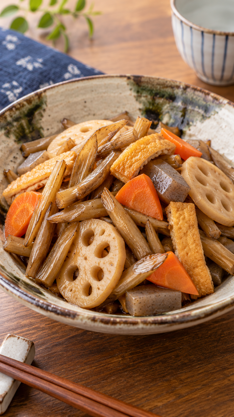 茨城県の郷土料理いもがらの炒め物をれんこんや人参、こんにゃく、油揚げとともに和食器に盛り付けた料理