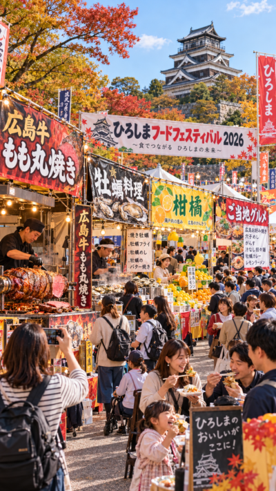 2026年10月24・25日に広島城周辺とひろしまスタジアムパークで開催される第20回ひろしまフードフェスティバルを紹介。広島牛もも丸焼きや牡蠣、柑橘類、郷土料理など広島の味覚が集結。6つの会場エリアや開催時間、アクセス、見どころを紹介します。