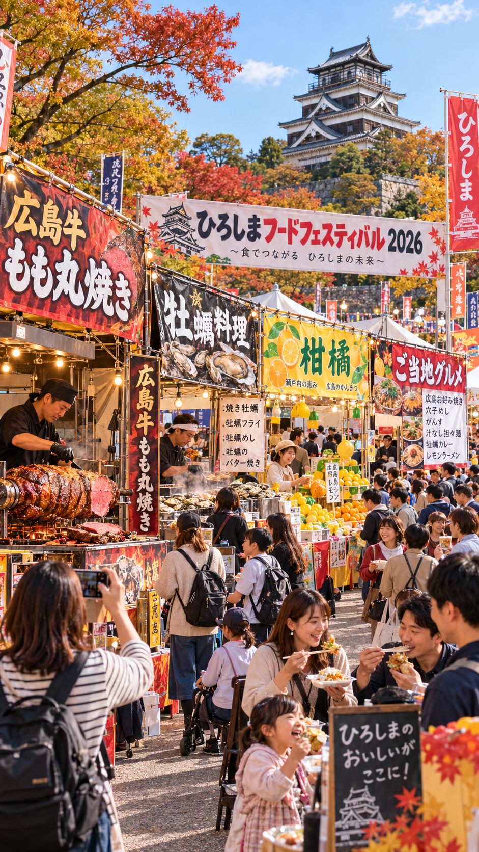 2026年10月24・25日に広島城周辺とひろしまスタジアムパークで開催される第20回ひろしまフードフェスティバルを紹介。広島牛もも丸焼きや牡蠣、柑橘類、郷土料理など広島の味覚が集結。6つの会場エリアや開催時間、アクセス、見どころを紹介します。