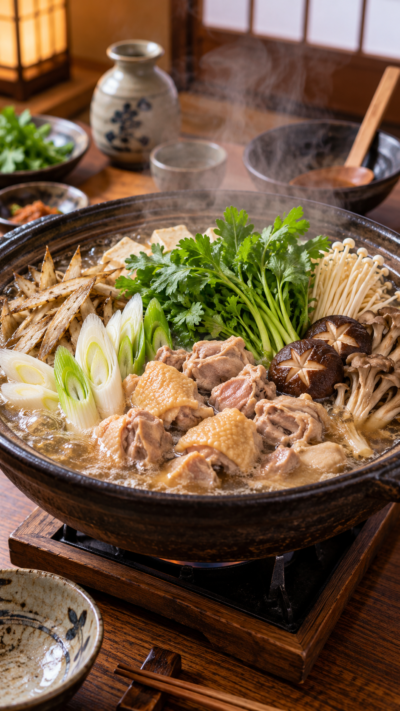 茨城県の郷土料理奥久慈しゃも鍋を地鶏肉やごぼう、長ねぎ、せり、きのこなどで具だくさんに仕上げた料理