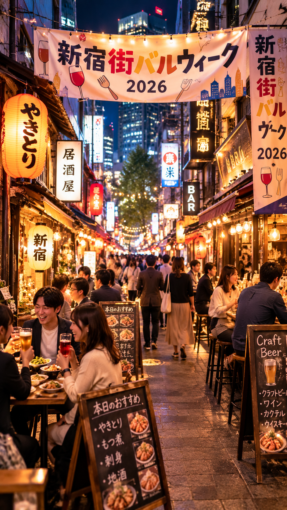 東京都新宿区の飲食店街で多くの来場者が居酒屋やバーを巡りグルメやドリンクを楽しむ新宿街バルウィーク2026の風景
