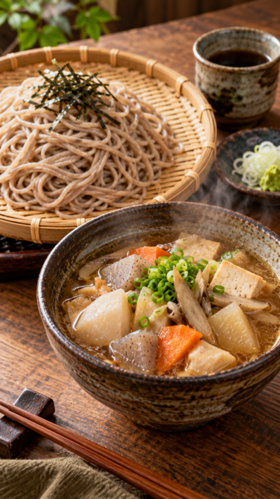 茨城県の郷土料理つけけんちんを里芋や大根、ごぼう、こんにゃくなどが入った温かいけんちん汁と冷たいそばで仕上げた料理