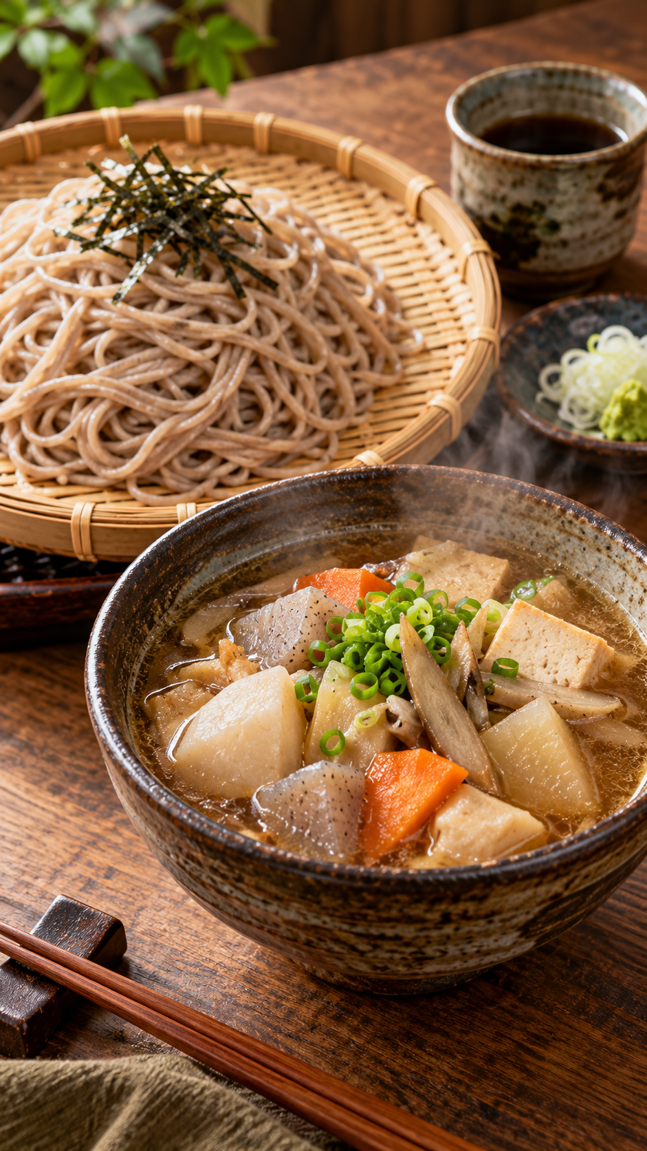 茨城県の郷土料理つけけんちんを里芋や大根、ごぼう、こんにゃくなどが入った温かいけんちん汁と冷たいそばで仕上げた料理