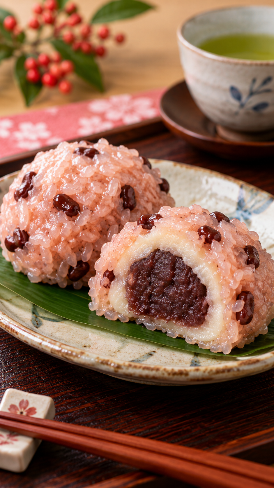 埼玉県の郷土菓子いがまんじゅうを赤飯で包み、一部を切って中の小豆あんが見えるように和食器に盛り付けた料理