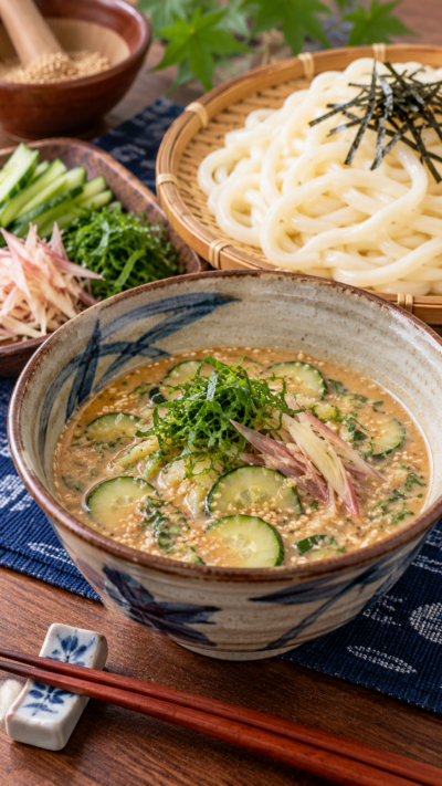 埼玉県川島町の郷土料理すったてを、ごま味噌ときゅうり、大葉、みょうがを使った冷たいつけ汁とざるうどんで仕上げた料理