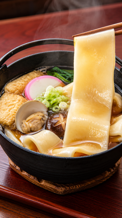 埼玉県鴻巣市のご当地グルメ川幅うどんを幅広のもちもちした麺と野菜、だし汁で仕上げ、和食器に盛り付けた料理