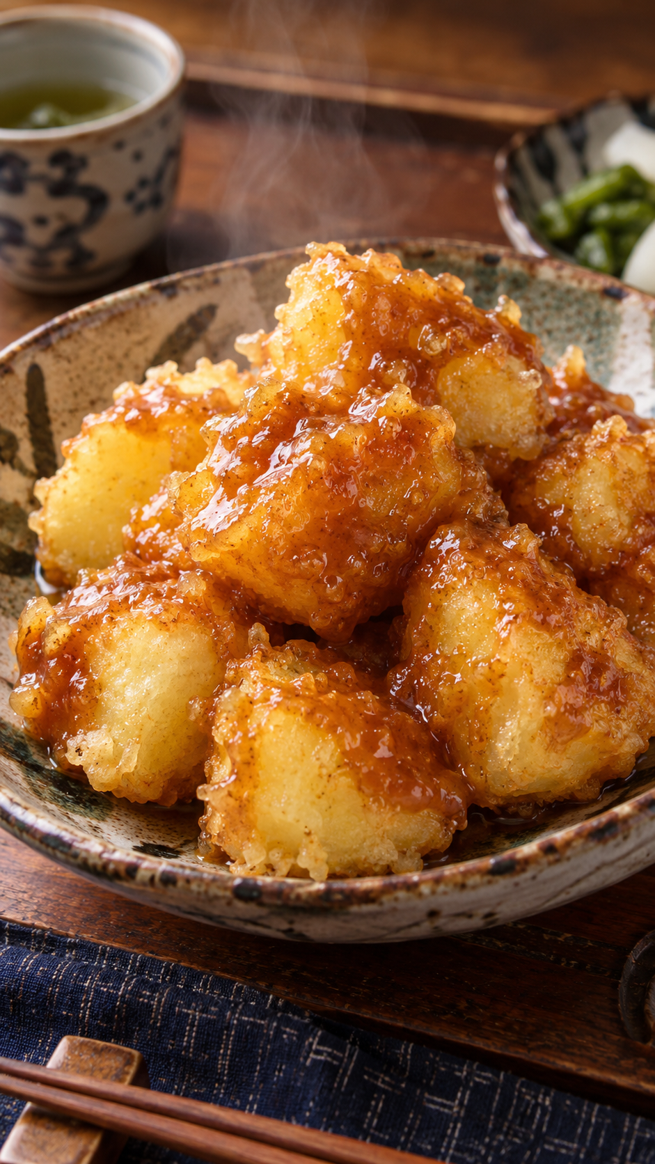 埼玉県秩父地方の郷土料理味噌ポテトをホクホクのじゃがいもの天ぷらに甘辛い味噌だれを絡め、和食器に盛り付けた料理