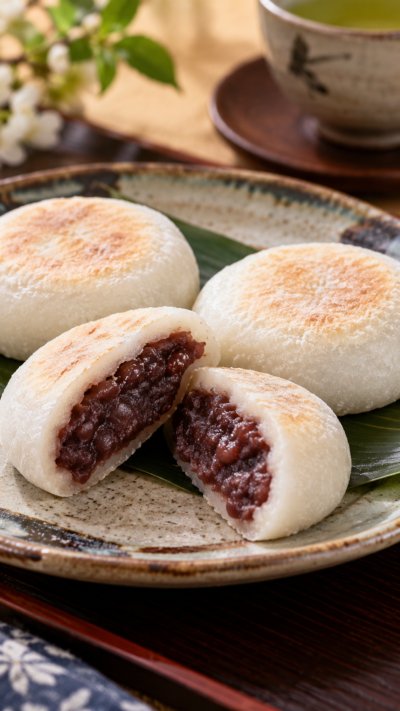 埼玉県の郷土菓子塩あんびんを丸く平たい餅に仕上げ、一部を切って中の塩味の小豆あんが見えるように和食器に盛り付けた料理