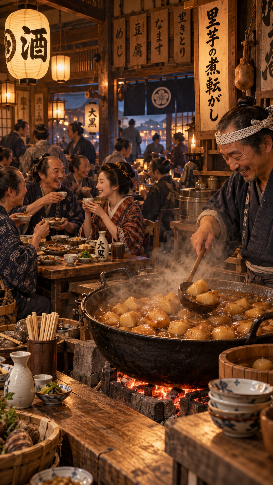 江戸時代の居酒屋で大鍋に入った里芋の煮っころがしを店主が調理し、着物姿の町人たちが酒と煮物を楽しむ風景