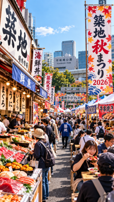 東京都中央区の築地場外市場と市場橋公園にグルメブースが並び、多くの来場者が海鮮料理や肉料理、スイーツなどを楽しむ築地秋まつり2026の風景