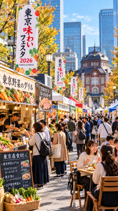 東京都の丸の内や有楽町などに東京産食材を使ったグルメのキッチンカーや販売ブースが並び、多くの来場者が料理や買い物を楽しむ東京味わいフェスタ2026の風景