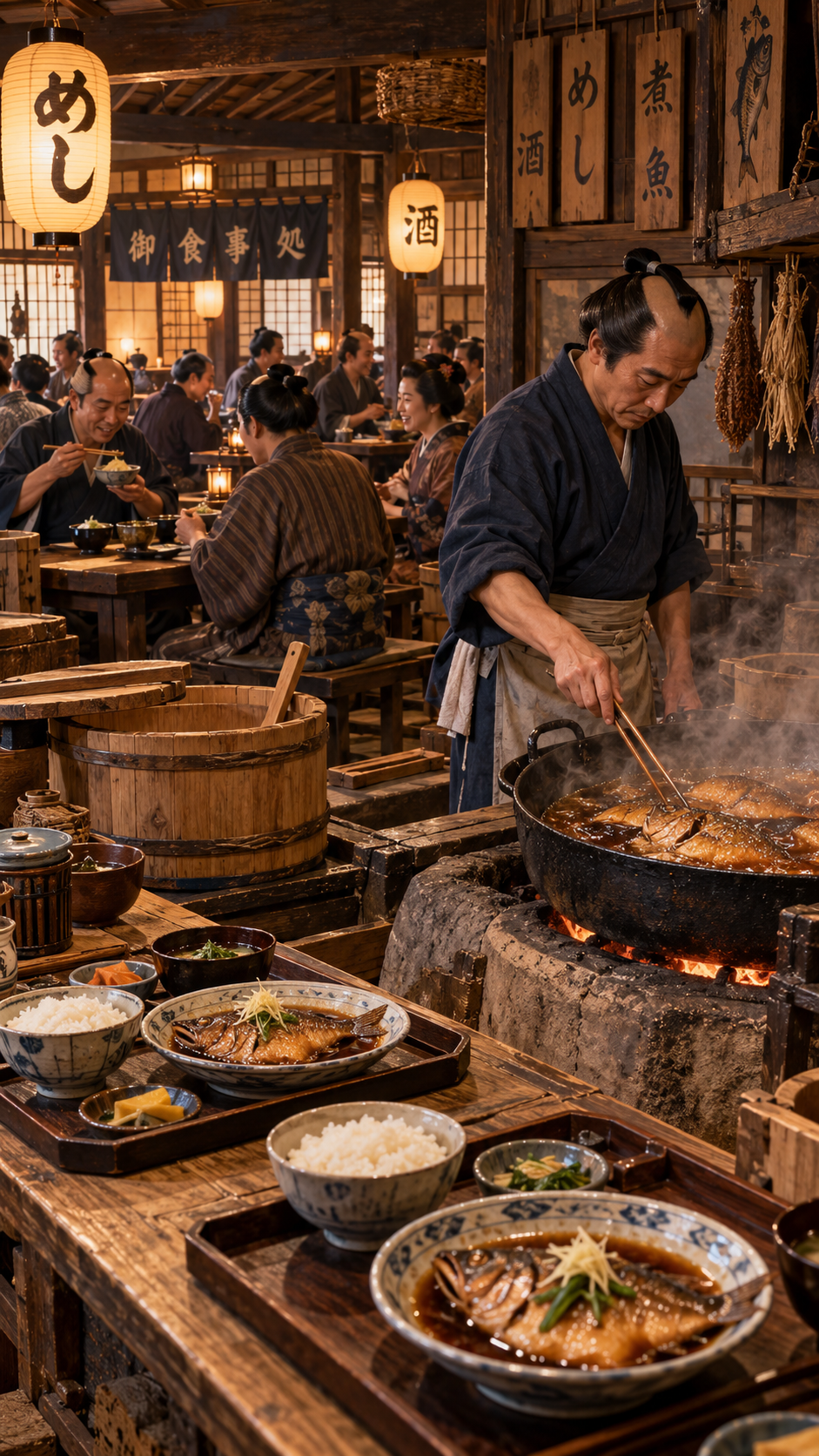 江戸時代の江戸の料理屋で、着物姿の料理人がかまどの上に置いた鉄鍋で魚を醤油や酒の煮汁で煮つけ、木製の膳に盛られた煮魚とご飯を町人たちが楽しむ風景