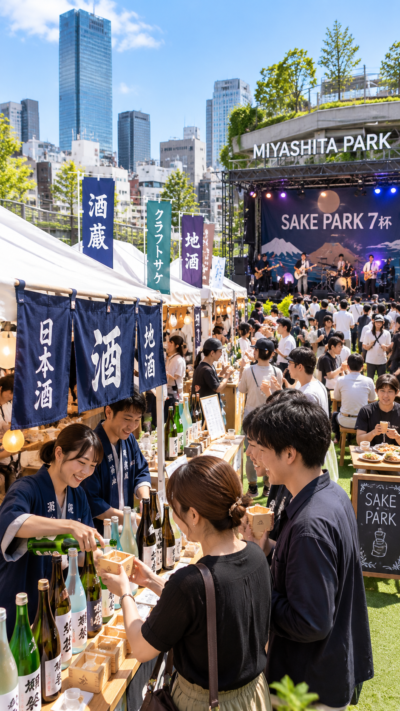 東京都渋谷区のMIYASHITA PARK屋上で全国の酒蔵が日本酒やクラフトサケを提供し、来場者が升を片手に飲み比べやグルメ、音楽ライブを楽しむSAKE PARK 7杯2026の風景