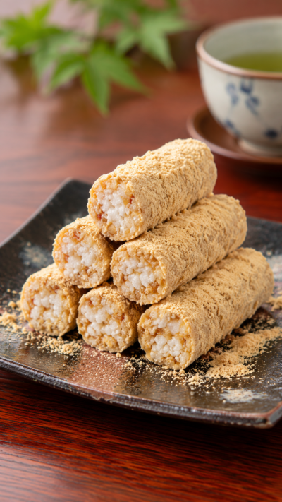 埼玉県熊谷市の郷土菓子五家宝をきな粉をまぶした棒状の和菓子として仕上げ、一部を切って中のあられが見えるように和食器に盛り付けた料理