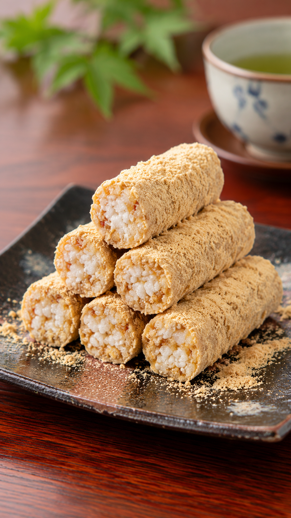 埼玉県熊谷市の郷土菓子五家宝をきな粉をまぶした棒状の和菓子として仕上げ、一部を切って中のあられが見えるように和食器に盛り付けた料理