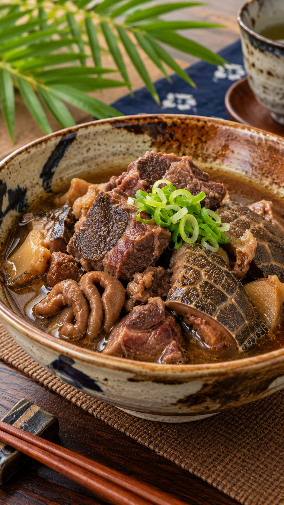 東京都小笠原諸島の郷土料理ウミガメの煮込みをアオウミガメの肉や内臓とともにじっくり煮込み、和食器に盛り付けた料理