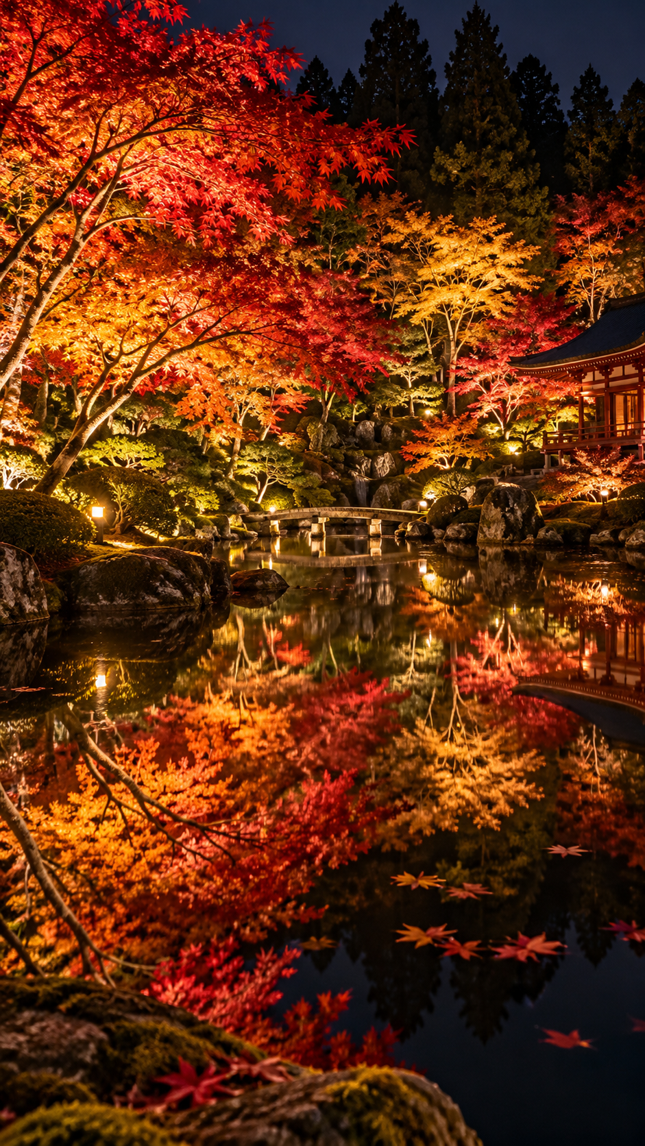 栃木県日光市の日光山輪王寺・逍遥園で、赤や黄色に色づいたカエデの紅葉が夜のライトアップに照らされ、池の水面に鮮やかに映り込む令和8年夜間特別拝観・逍遥園ライトアップ2026の幻想的な風景