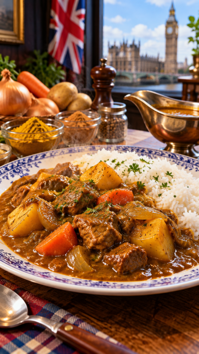 カレーパウダーと玉ねぎ、肉、野菜などを使って作られた英国式カレーを皿に盛り付け、ライスと一緒に味わうイギリスのカレー料理