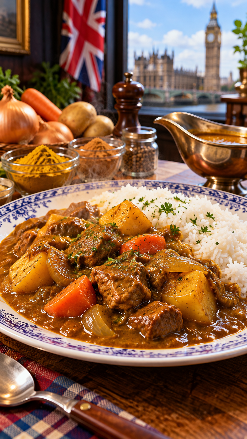 カレーパウダーと玉ねぎ、肉、野菜などを使って作られた英国式カレーを皿に盛り付け、ライスと一緒に味わうイギリスのカレー料理