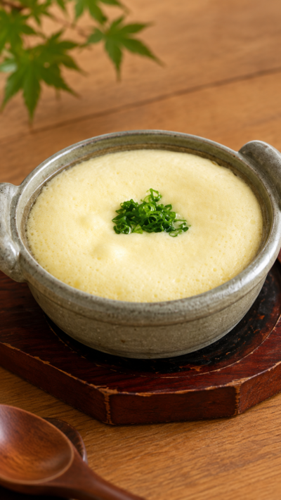 静岡県袋井市の郷土料理たまごふわふわを卵とだし汁でふんわりと蒸し上げ、土鍋に盛り付けた料理