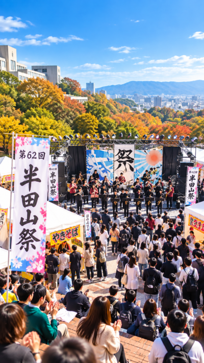 岡山県岡山市北区の岡山理科大学岡山キャンパスで第62回半田山祭が開催され、学生による模擬店や展示、ステージ、音楽ライブなど多彩な企画で多くの来場者が賑わう秋の大学祭の風景