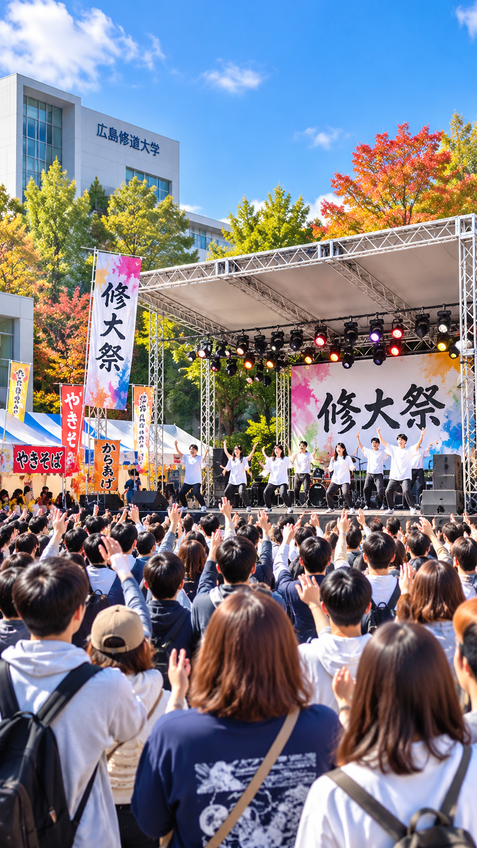 広島県広島市安佐南区の広島修道大学で修大祭が開催され、学生によるステージや模擬店、音楽ライブ、展示などが行われ、多くの来場者で賑わう秋の大学祭の風景