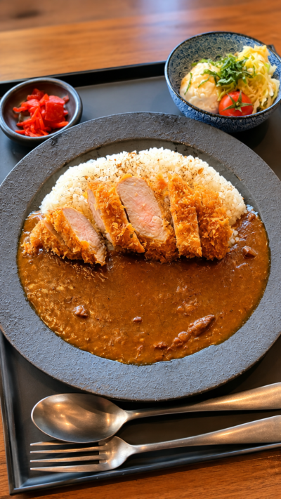 和欧食堂CROPS 1991の低温熟成豚カツレツにコク深い英国ビーフカレーを合わせ、もち麦ライスと一緒に盛り付けたカツカレー