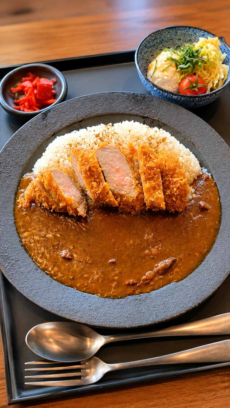 和欧食堂CROPS 1991の低温熟成豚カツレツにコク深い英国ビーフカレーを合わせ、もち麦ライスと一緒に盛り付けたカツカレー