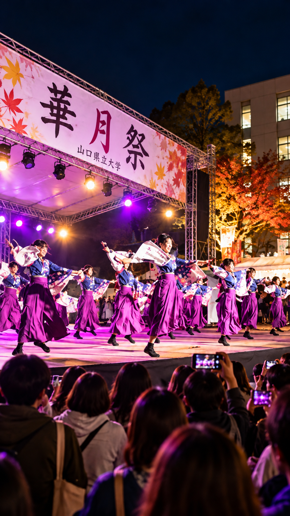 山口県山口市の山口県立大学で華月祭が開催され、学生によるステージや模擬店、展示、音楽・ダンスなどが行われ、多くの来場者で賑わう秋の大学祭の風景