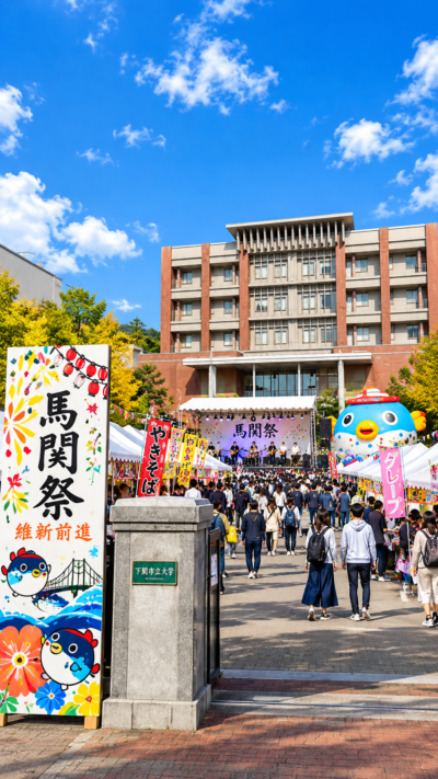 山口県下関市の下関市立大学で大学祭が開催され、学生によるステージや模擬店、展示、音楽・ダンスなどが行われ、多くの来場者で賑わう秋の大学祭の風景