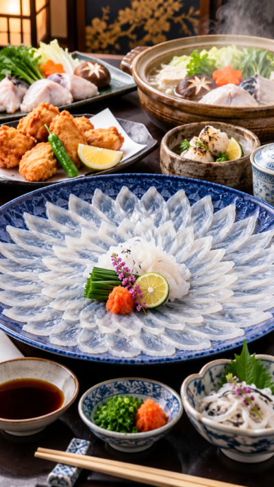 薄く美しく盛り付けたふぐ刺しのてっさやふぐ料理が並ぶ、日本を代表する冬の味覚の風景