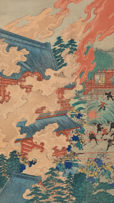 1582年の本能寺の変で、炎と煙に包まれる本能寺と、その周囲で激しく戦う武士たちを描いた日本の歴史的な合戦図