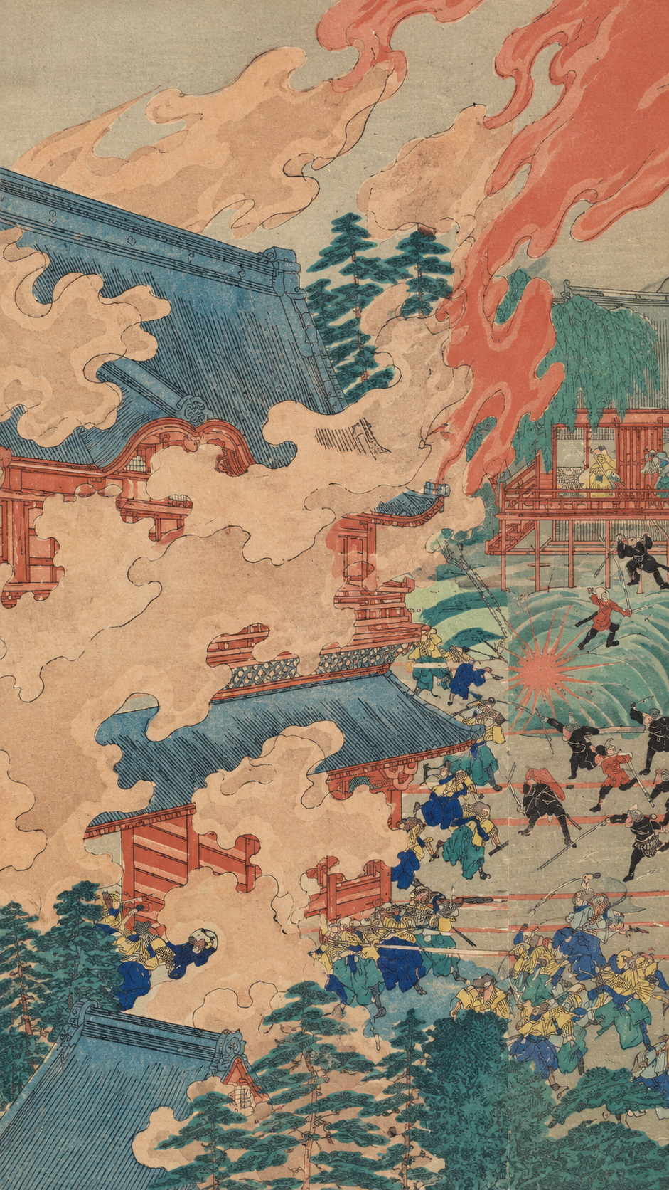 1582年の本能寺の変で、炎と煙に包まれる本能寺と、その周囲で激しく戦う武士たちを描いた日本の歴史的な合戦図