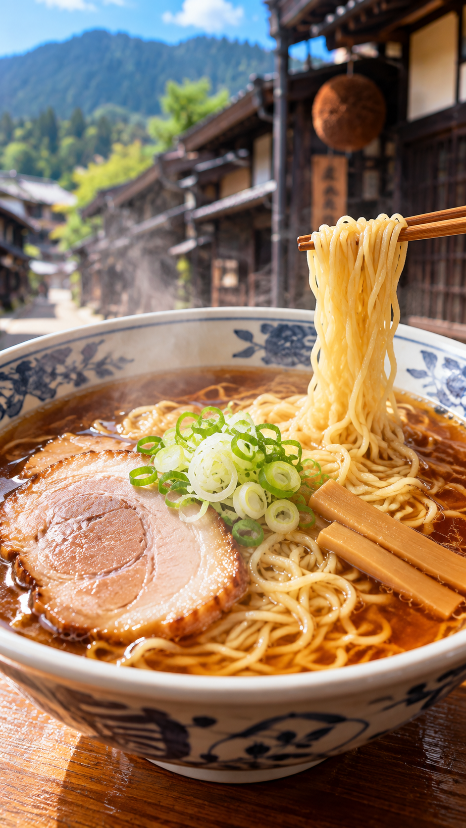 醤油ベースのスープに細ちぢれ麺とチャーシュー、メンマ、ネギなどを合わせた岐阜県飛騨高山のご当地グルメ・高山ラーメン