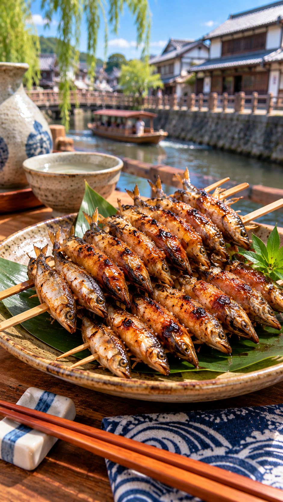 千葉県香取市・佐原に伝わる郷土料理、小魚を串に刺して焼き上げたすずめ焼