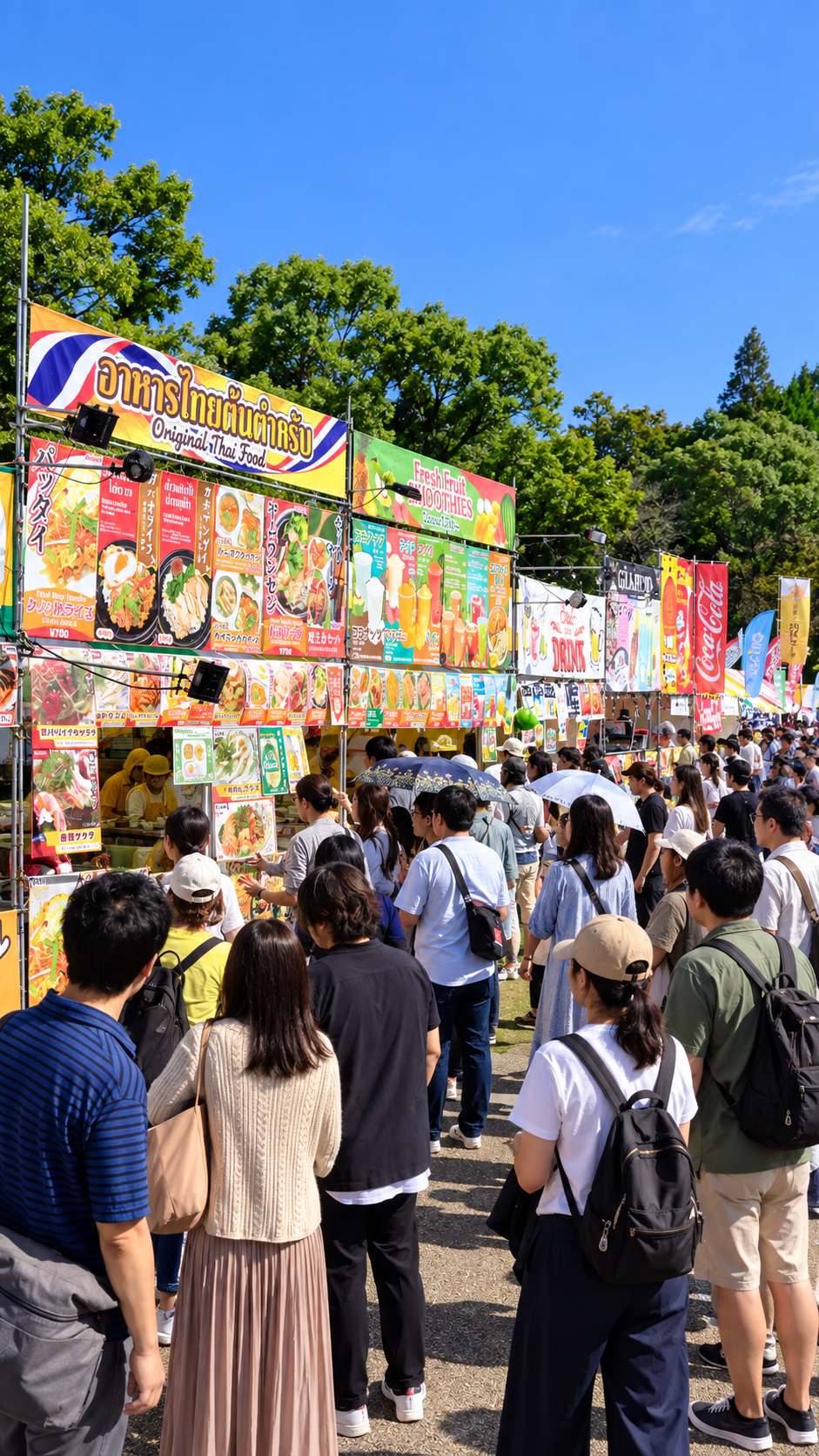 山下公園に世界各国の料理を提供する屋台が並び、多くの来場者で賑わうワールドフェスタ・ヨコハマ2026の会場風景